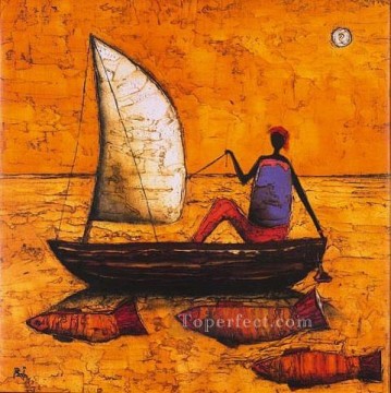 Afrika Werke - Angeln Frau und Fische in gelb afrikanisch